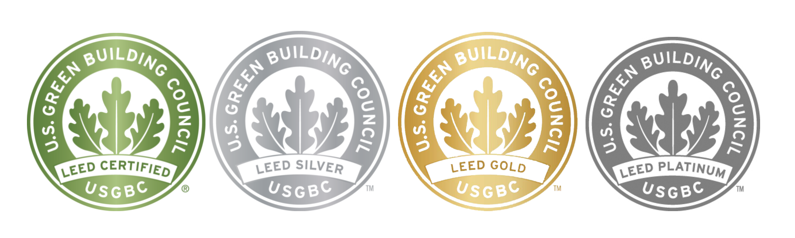 4 different levels of LEED certified seals from the U.S. Green Building Council ranging in ascending order from green, silver, gold and platinum